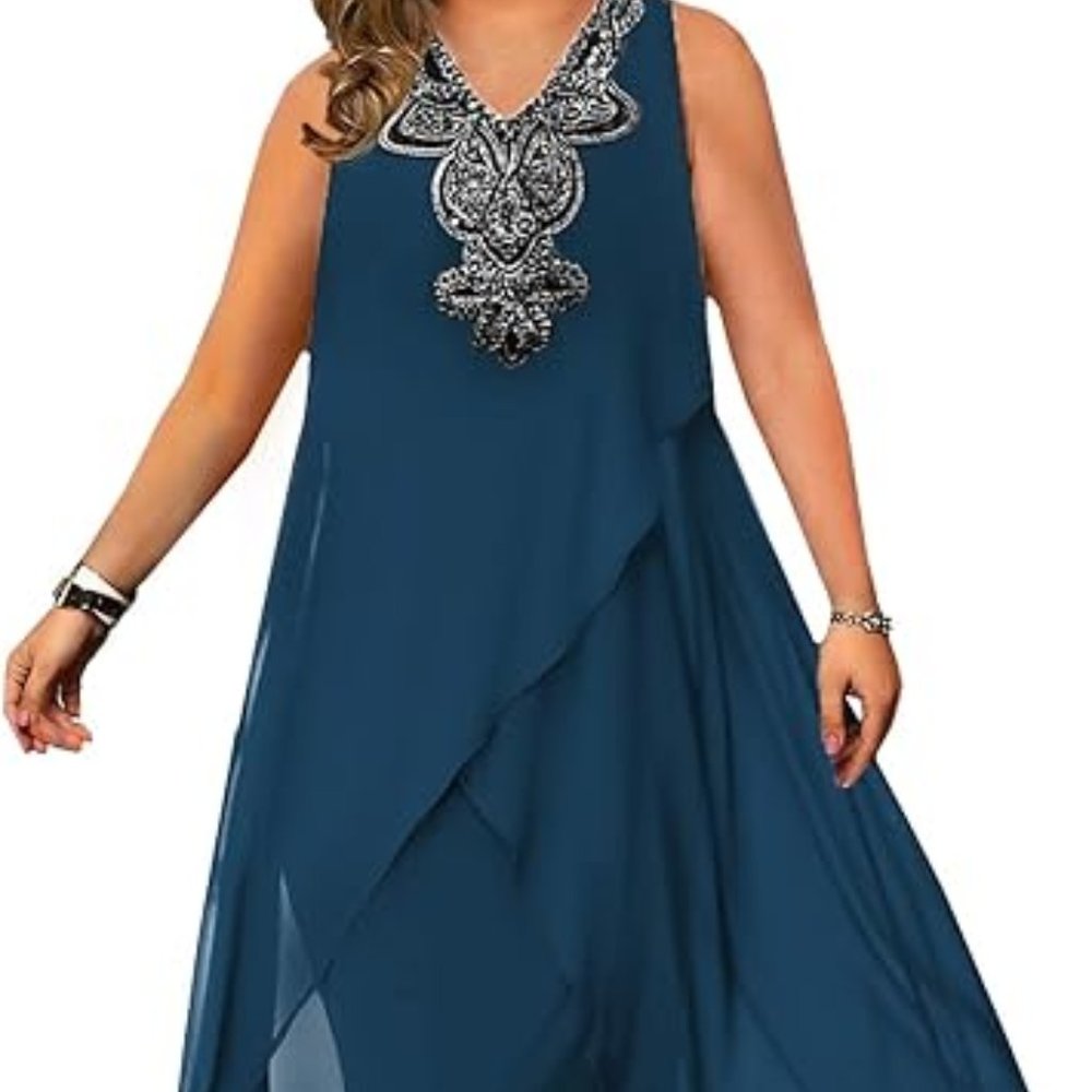 Beautufll Womens Plus Size Chiffon Dress, beaded embelishment very flattering
